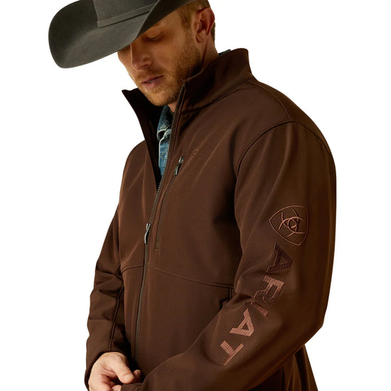 MENS ARIAT LOGO SOFTSHELL JACKET- BROWN