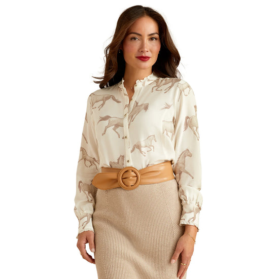 LADIES ARIAT CLARION L/S BLOUSE- SEPIA HORSE PRINT