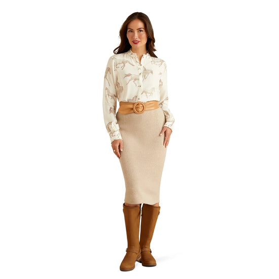 LADIES ARIAT CLARION L/S BLOUSE- SEPIA HORSE PRINT