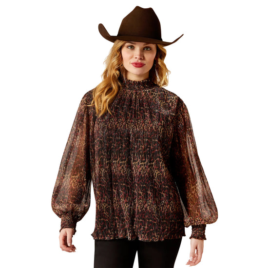 LADIES ARIAT PLUME PLEATED L/S TOP- LEOPARD MESH