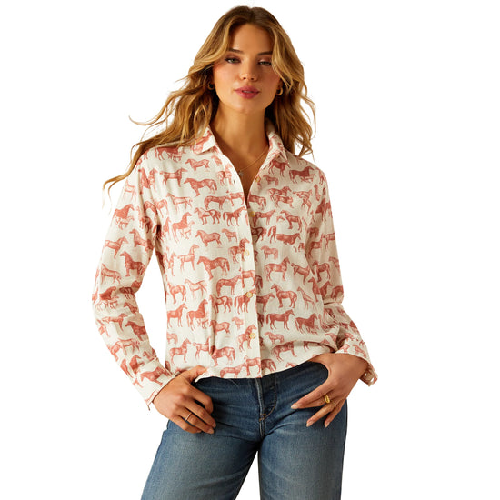 LADIES ARIAT RUDFORD L/S SHIRT- BLUSHING HORSE