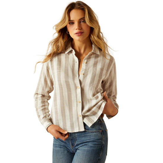 LADIES ARIAT RUDFORD L/S SHIRT- KHAKI STRIPE