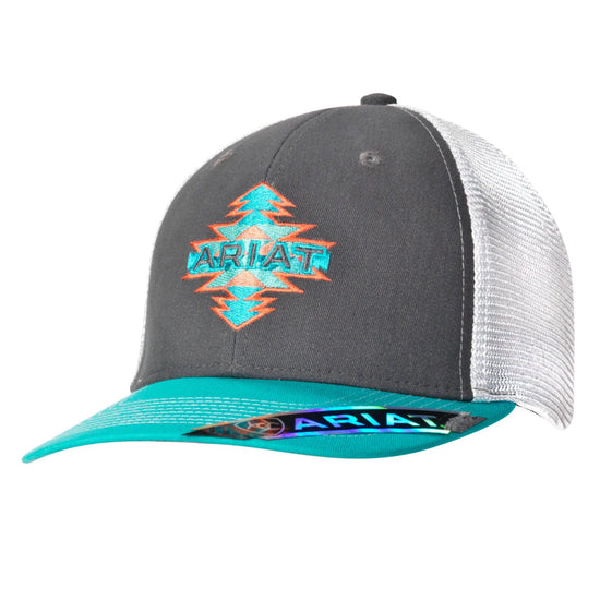 ARIAT A FIT CAP- AZTEC LOGO/CHARCOAL/WHITE/TURQ