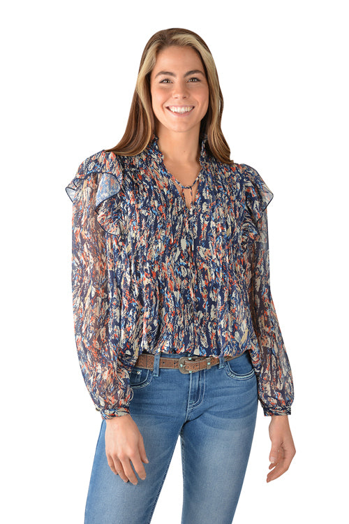 LADIES PURE WESTERN BECCA RUFFLE L/S TOP